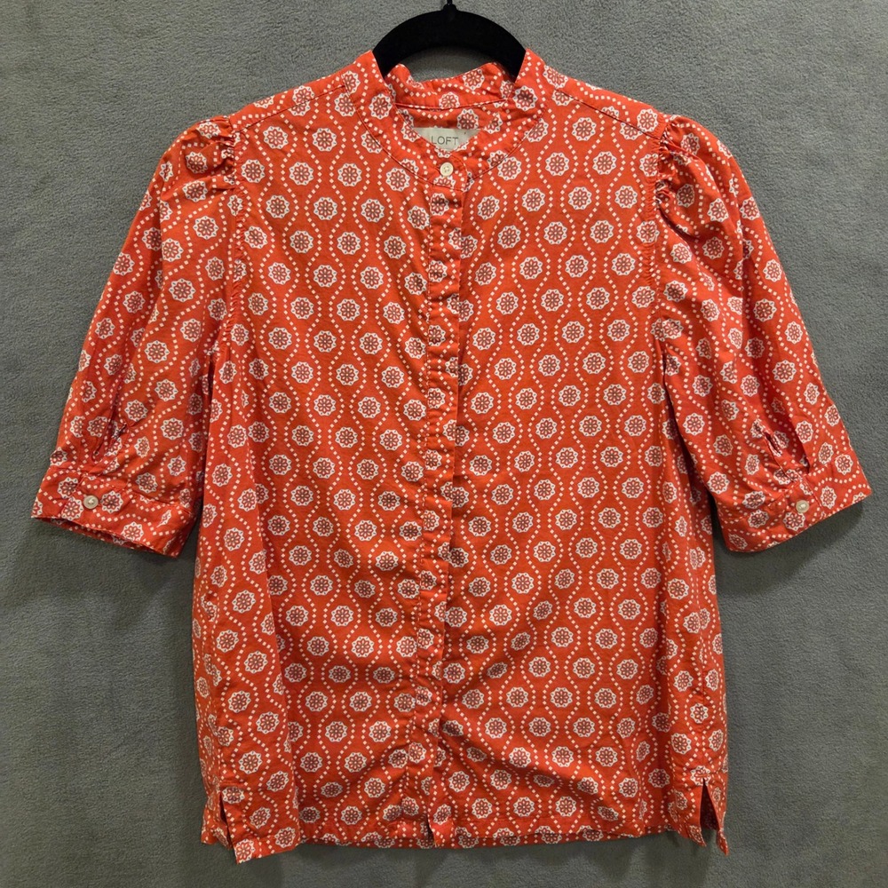 LOFT Geometric Floral‎ Blouse Top Womens XS Puff Sleeve Casual Office Mod